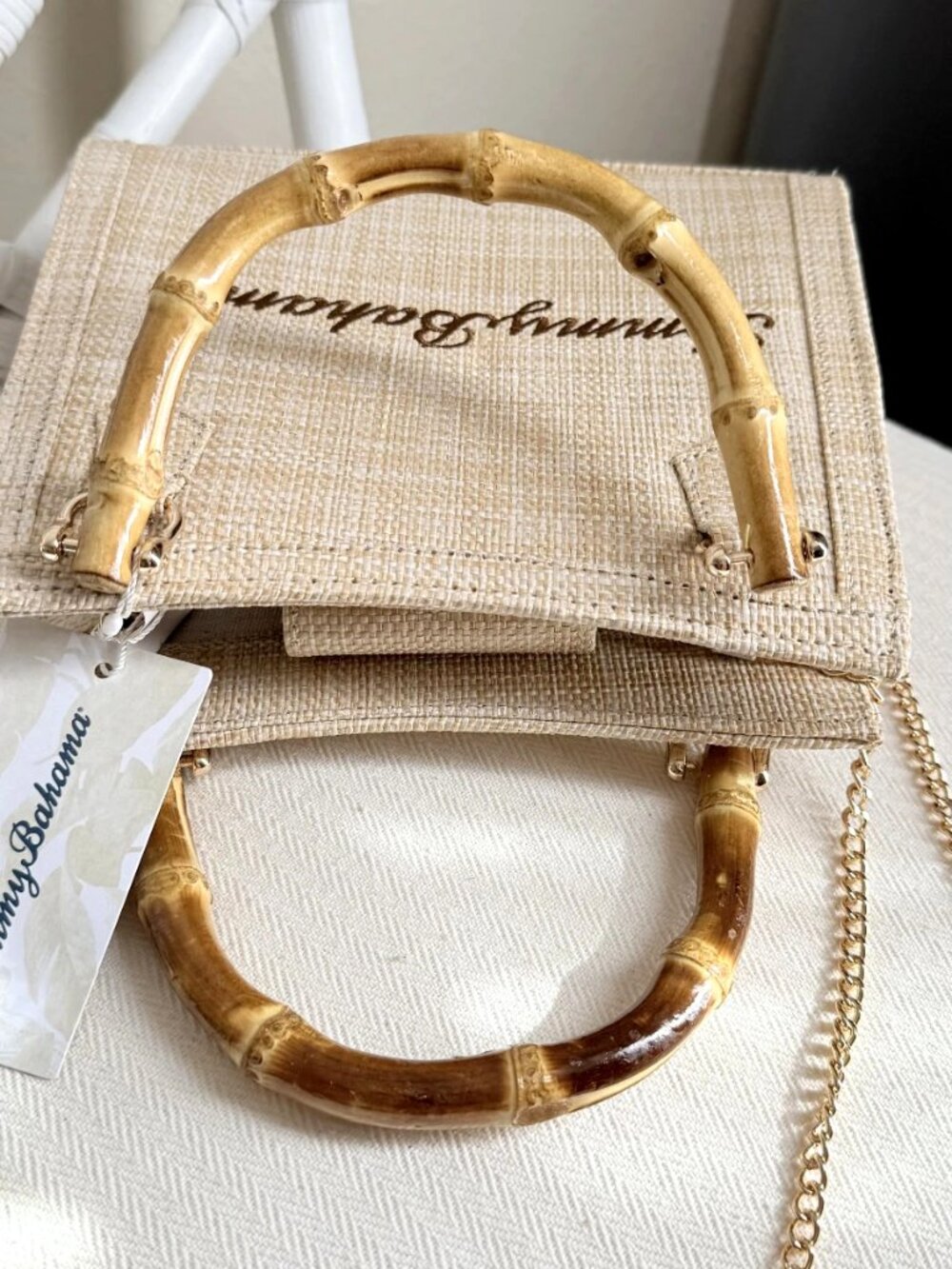 Tommy Bahama Natural Woven Straw Bag Crossbody Bamboo Handles Gold Chaiт NWT - Picture 8 of 16